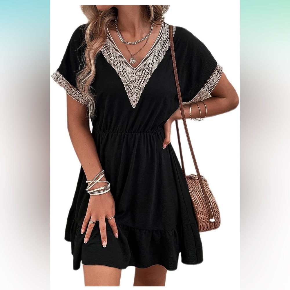 GORGLITTER Women's Guipure Lace V Neck Mini A Line Dress Ruffle Hem